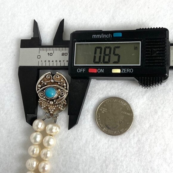 Sterling Silver 925 Two Strand Baroque Pearl Turquoise Bali Clasp Bracelet - Picture 16 of 16